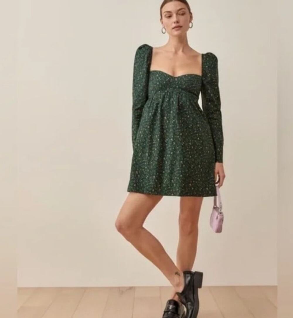 Reformation Kenzie Dress Womens 0 Dark Green Ditsy Floral Square Neck Babydoll